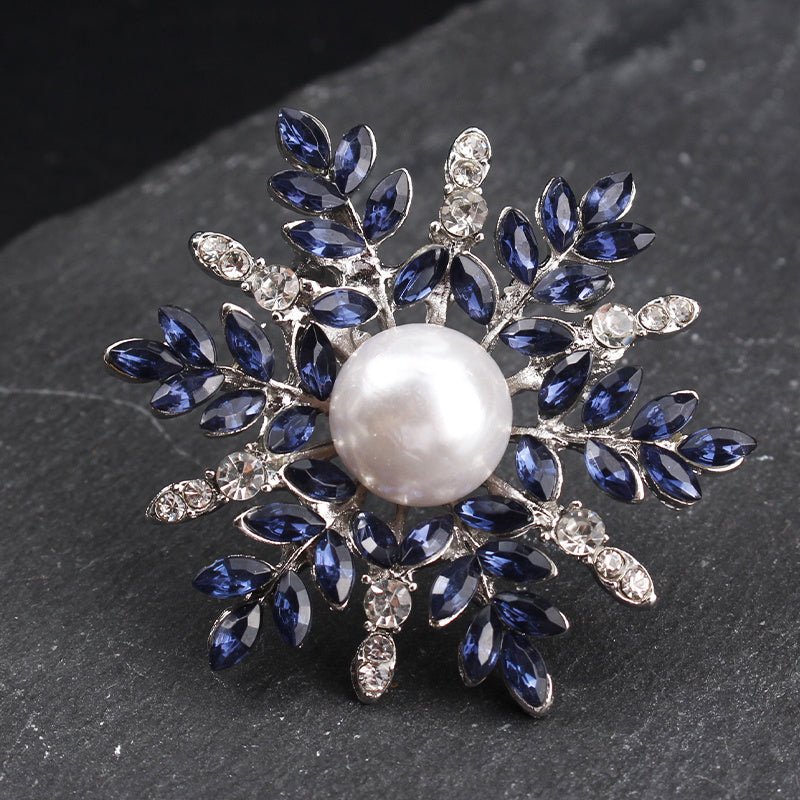 Snowflake Brooch with Rhinestone Petals and Pearl Center for Elegant Outfits