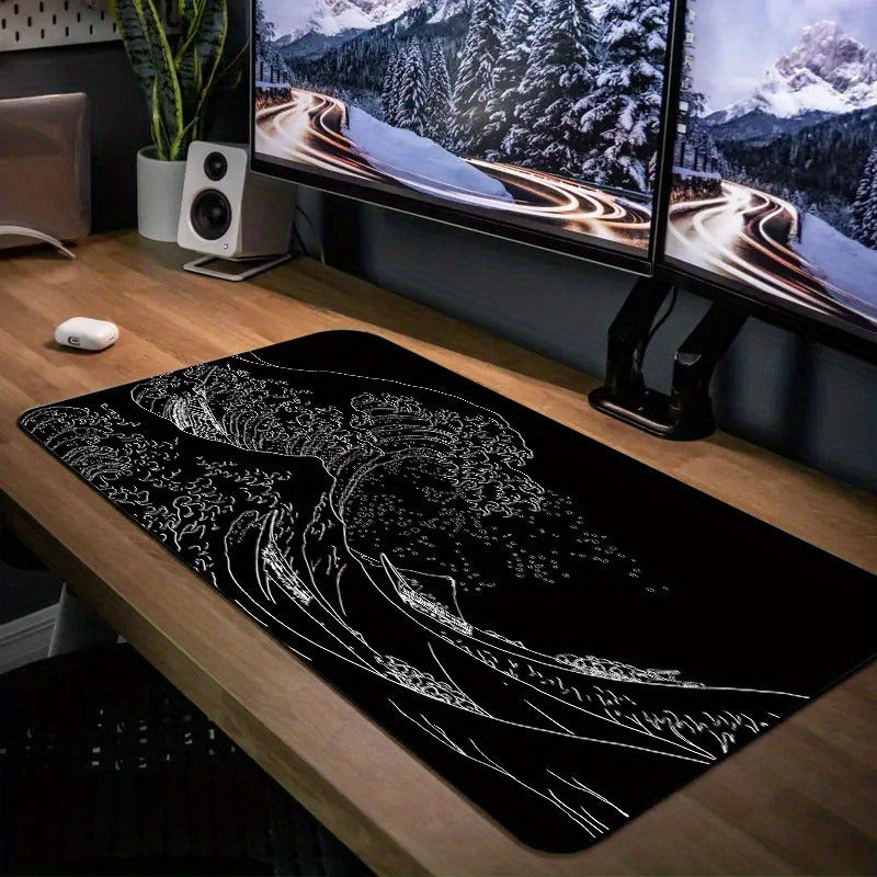 Large Gaming Mouse Pad with Japan Black Sea Wave Design Non-Slip Rubber Base Extended Desk Mat for Keyboard and Mouse
