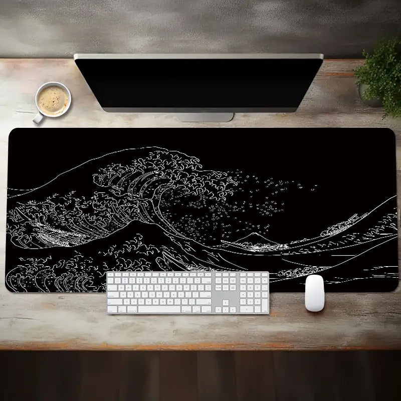 Large Gaming Mouse Pad with Japan Black Sea Wave Design Non-Slip Rubber Base Extended Desk Mat for Keyboard and Mouse