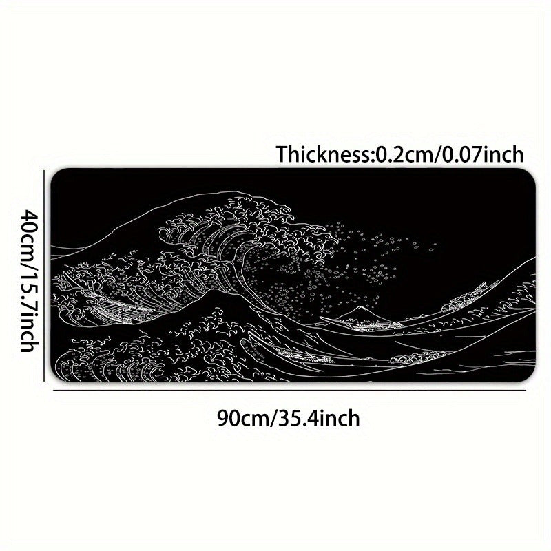 Large Gaming Mouse Pad with Japan Black Sea Wave Design Non-Slip Rubber Base Extended Desk Mat for Keyboard and Mouse
