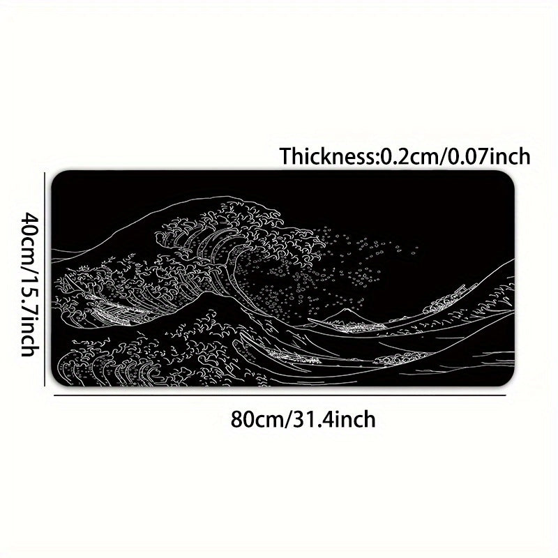 Large Gaming Mouse Pad with Japan Black Sea Wave Design Non-Slip Rubber Base Extended Desk Mat for Keyboard and Mouse