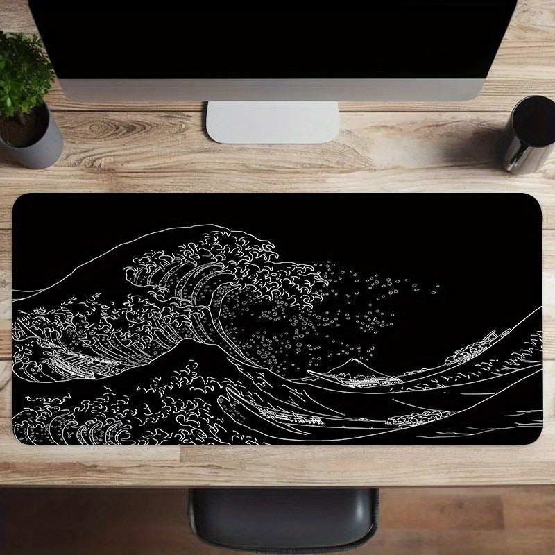Large Gaming Mouse Pad with Japan Black Sea Wave Design Non-Slip Rubber Base Extended Desk Mat for Keyboard and Mouse