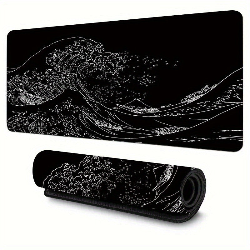 Large Gaming Mouse Pad with Japan Black Sea Wave Design Non-Slip Rubber Base Extended Desk Mat for Keyboard and Mouse