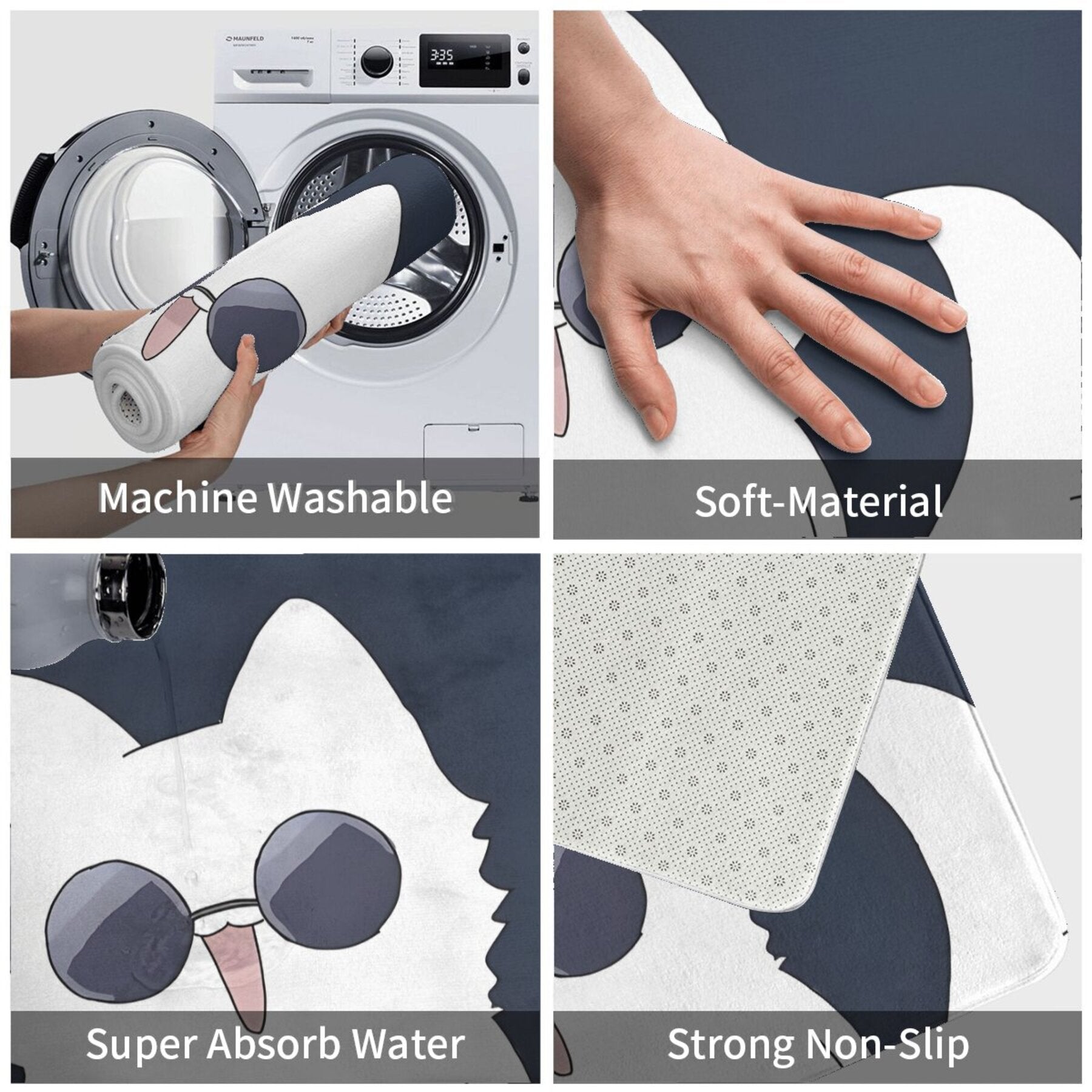 To‘g‘ri burchakli Gojo mushuk multfilmi dizayni, sirpanmaydigan polyester kirish mato - yengil oshxona mato, mashinada yuviladigan yo‘lak kirish eshigi gilami, yotoqxona bezakli gilami sirpanmaydigan orqa qismi bilan.