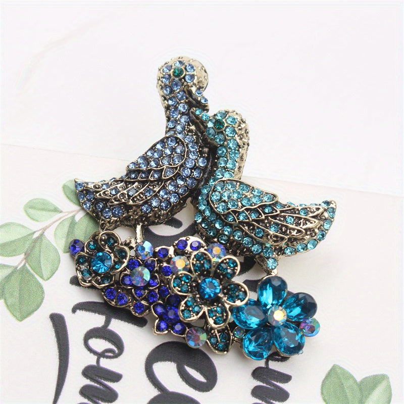 Vintage Mandarin Duck Brooch Pin with Rhinestones Enamel Animal Floral Jewelry for Women
