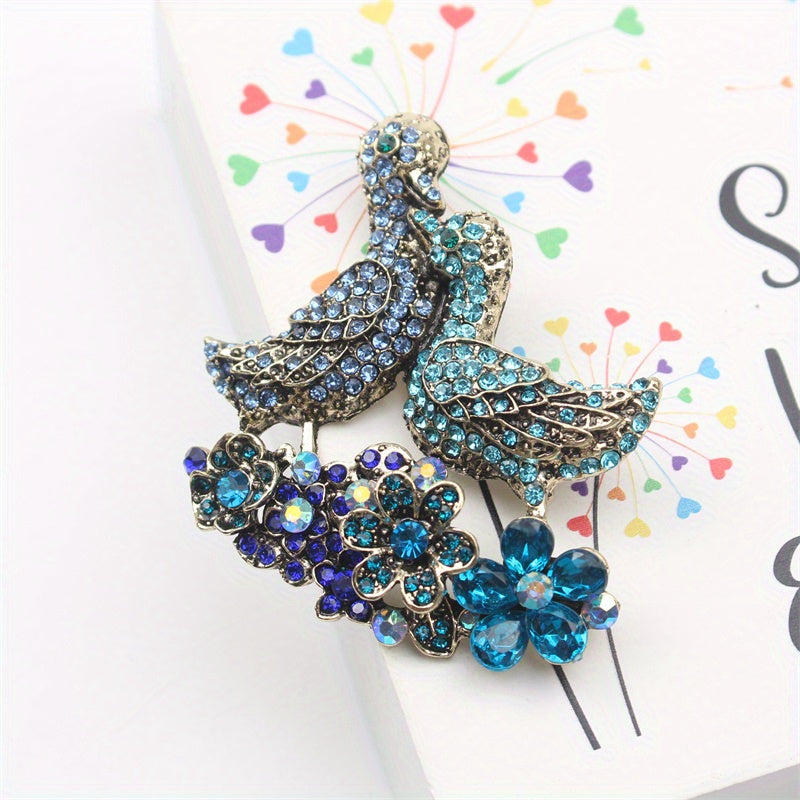 Vintage Mandarin Duck Brooch Pin with Rhinestones Enamel Animal Floral Jewelry for Women