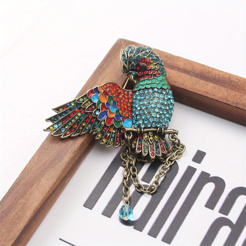 Antique Parrot Brooch with Rhinestones and Enamel Bird Pin Oversized Corsage
