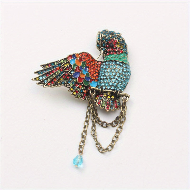 Antique Parrot Brooch with Rhinestones and Enamel Bird Pin Oversized Corsage
