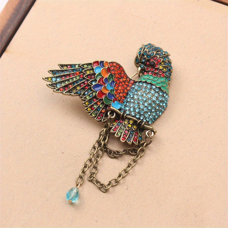 Antique Parrot Brooch with Rhinestones and Enamel Bird Pin Oversized Corsage