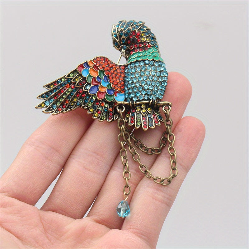 Antique Parrot Brooch with Rhinestones and Enamel Bird Pin Oversized Corsage