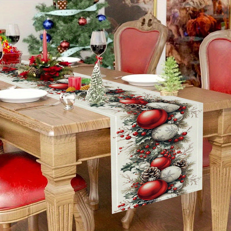 Buffalo Plaid Christmas Table Runner with Festive Ball Pattern Polyester Home Decor