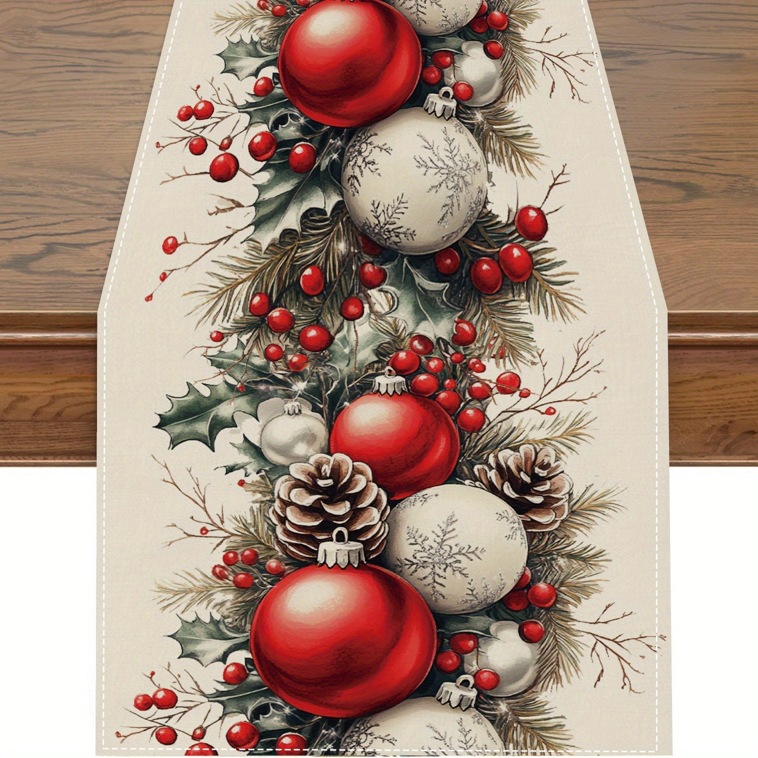 Buffalo Plaid Christmas Table Runner with Festive Ball Pattern Polyester Home Decor