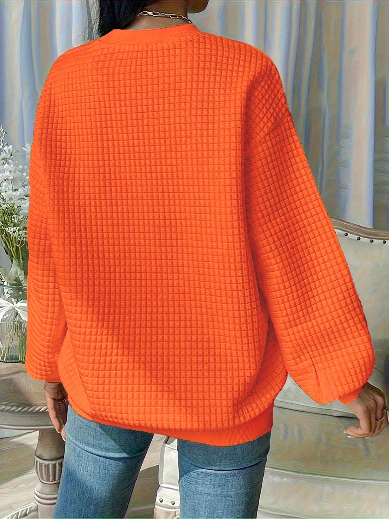 Ayollar uchun kattaroq o'lchamdagi waffle mato bilan tikilgan sport ko'ylagi, kundalik polyester pullover, dumaloq bo'yin bilan