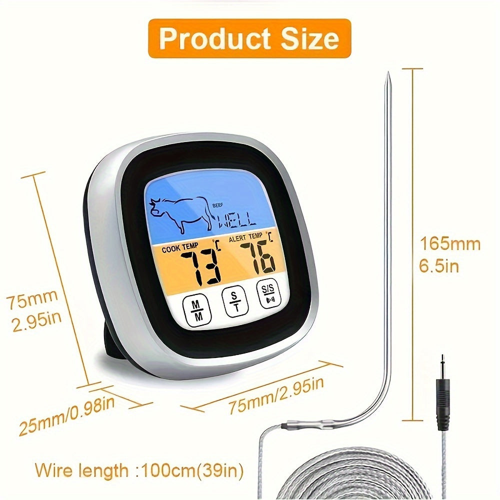 Большой сенсорный экранный термометр для мяса с часами, таймером, стальным зондом для барбекю, духовки, выпечки, жидкостей, конфет