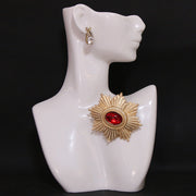 Enamel Brooch Pin Gold-Tone Starburst with Red Gem Jewelry Accessory