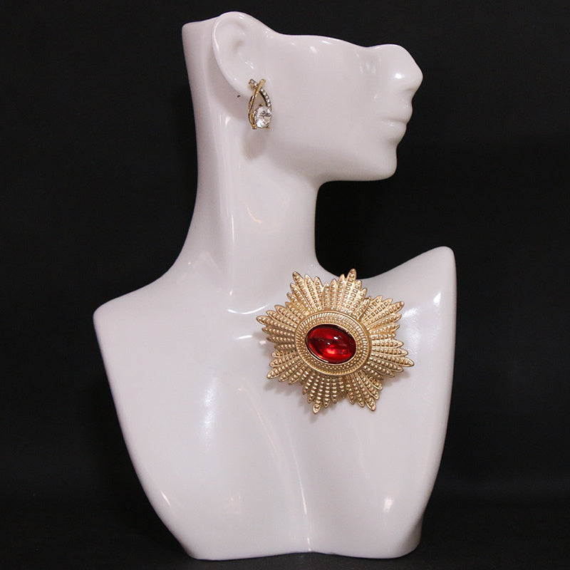 Enamel Brooch Pin Gold-Tone Starburst with Red Gem Jewelry Accessory