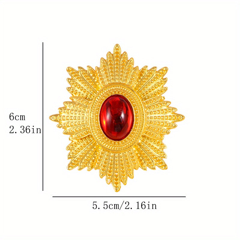 Enamel Brooch Pin Gold-Tone Starburst with Red Gem Jewelry Accessory
