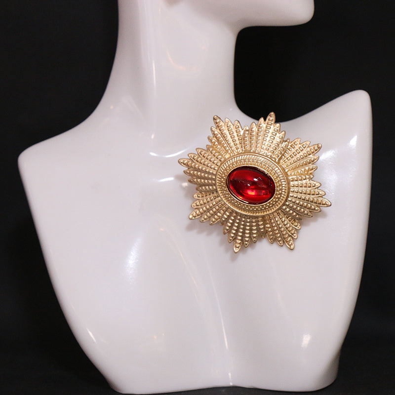 Enamel Brooch Pin Gold-Tone Starburst with Red Gem Jewelry Accessory
