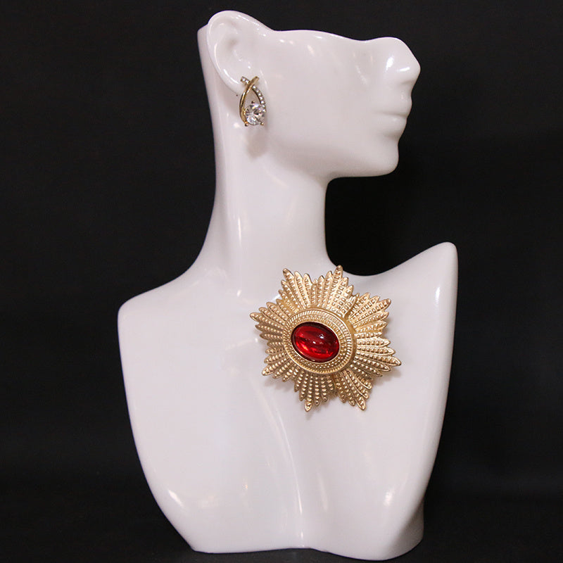 Enamel Brooch Pin Gold-Tone Starburst with Red Gem Jewelry Accessory