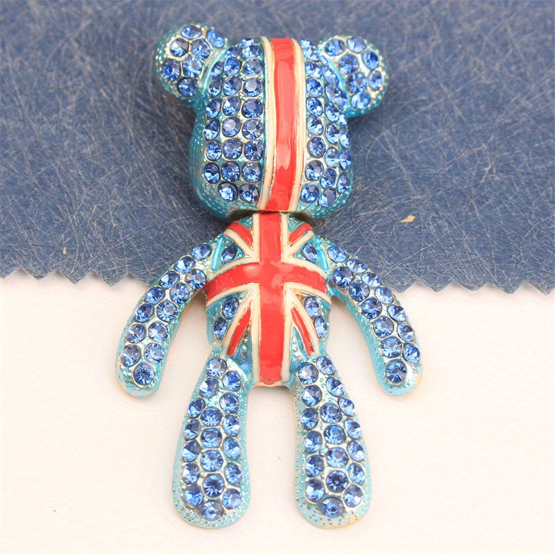 Luxurious UK Union Jack Rhinestone Encrusted Bear Brooch Pin for Clothing Bags Hats