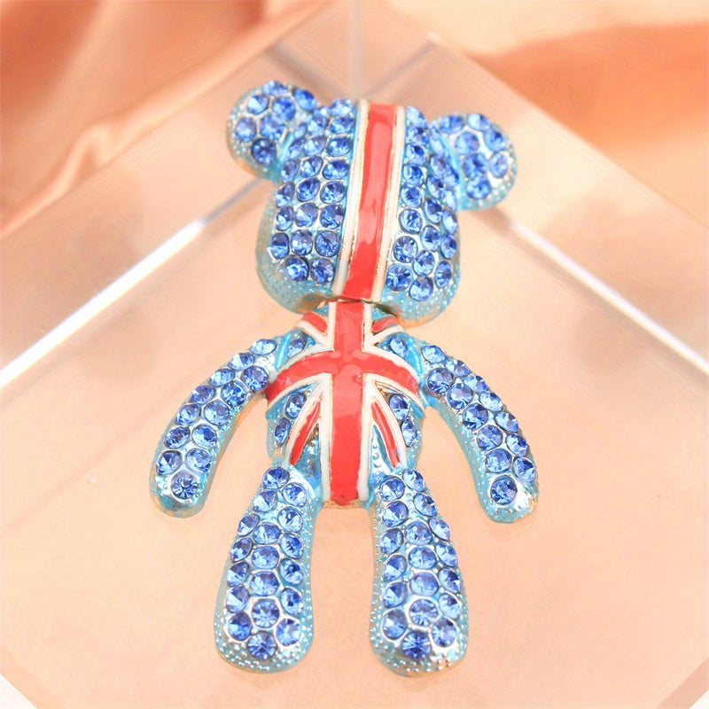 Luxurious UK Union Jack Rhinestone Encrusted Bear Brooch Pin for Clothing Bags Hats