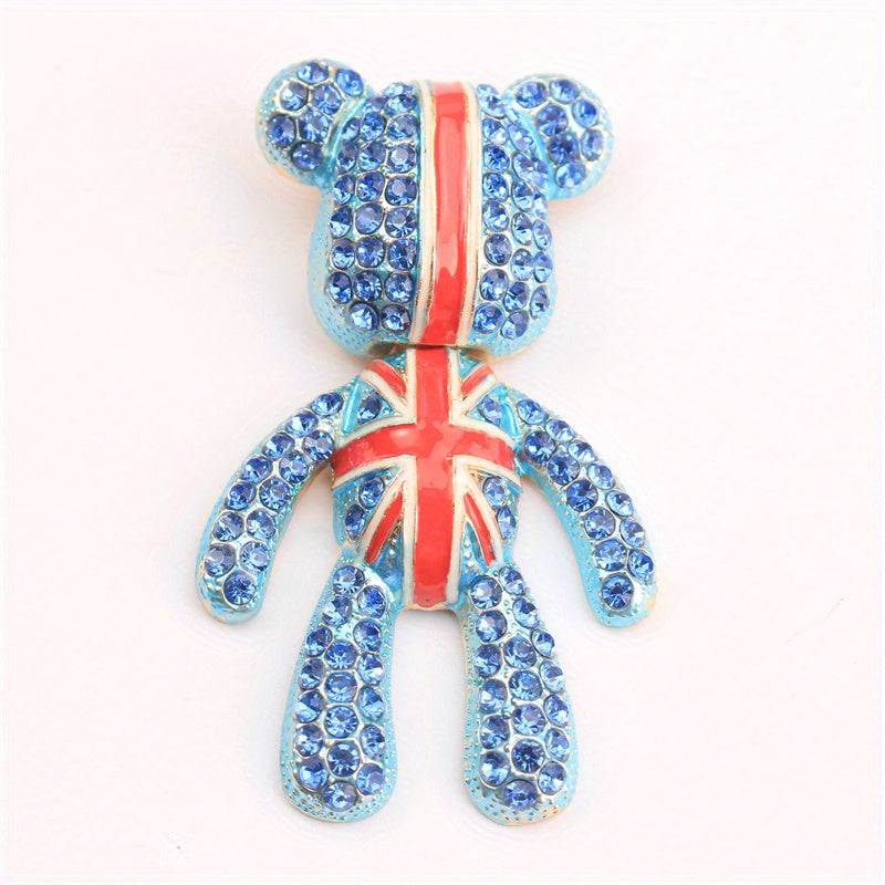 Luxurious UK Union Jack Rhinestone Encrusted Bear Brooch Pin for Clothing Bags Hats