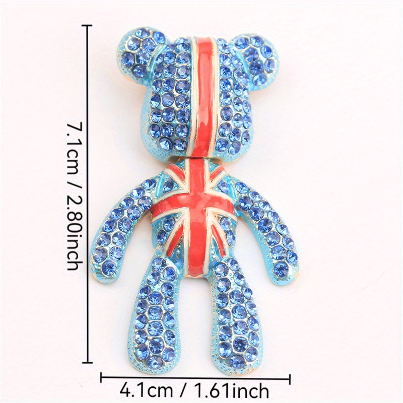 Luxurious UK Union Jack Rhinestone Encrusted Bear Brooch Pin for Clothing Bags Hats