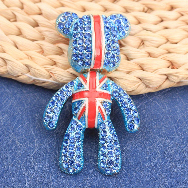 Luxurious UK Union Jack Rhinestone Encrusted Bear Brooch Pin for Clothing Bags Hats