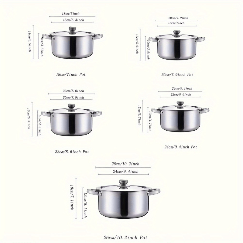Set of 5 Stainless Steel Cookware Pots with Lids, Heat-Proof Handles