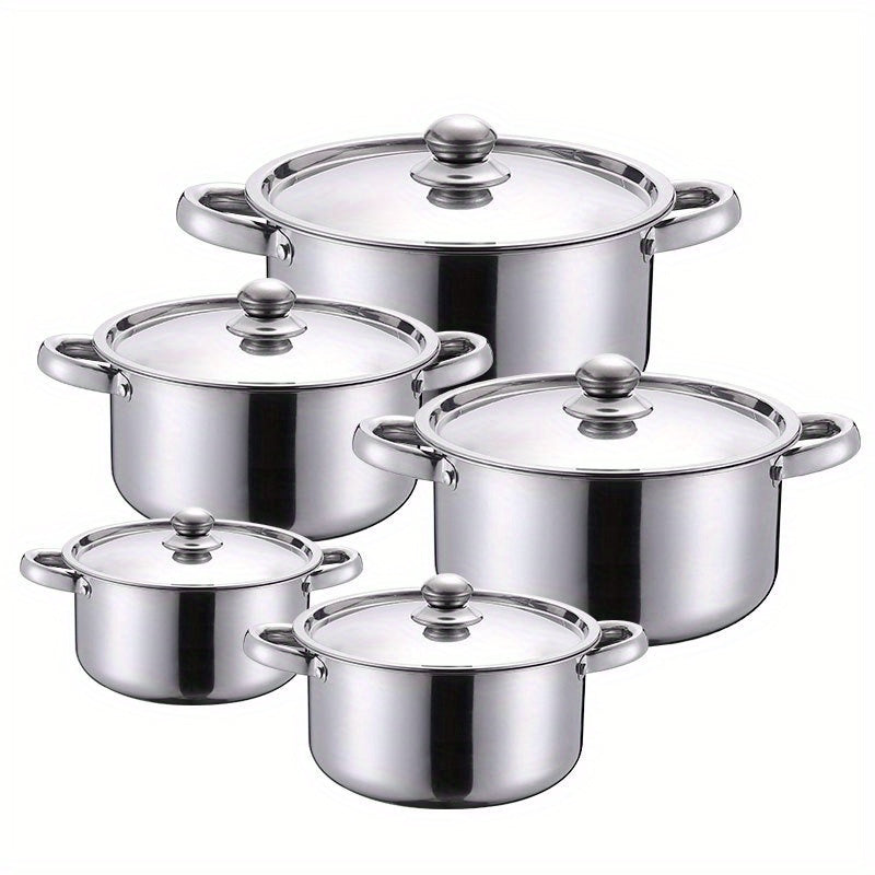 Set of 5 Stainless Steel Cookware Pots with Lids, Heat-Proof Handles