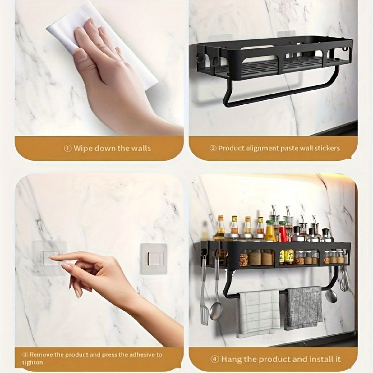 Black Kitchen Storage Rack with Hooks Wall Mount Organizer for Spices and Utensils