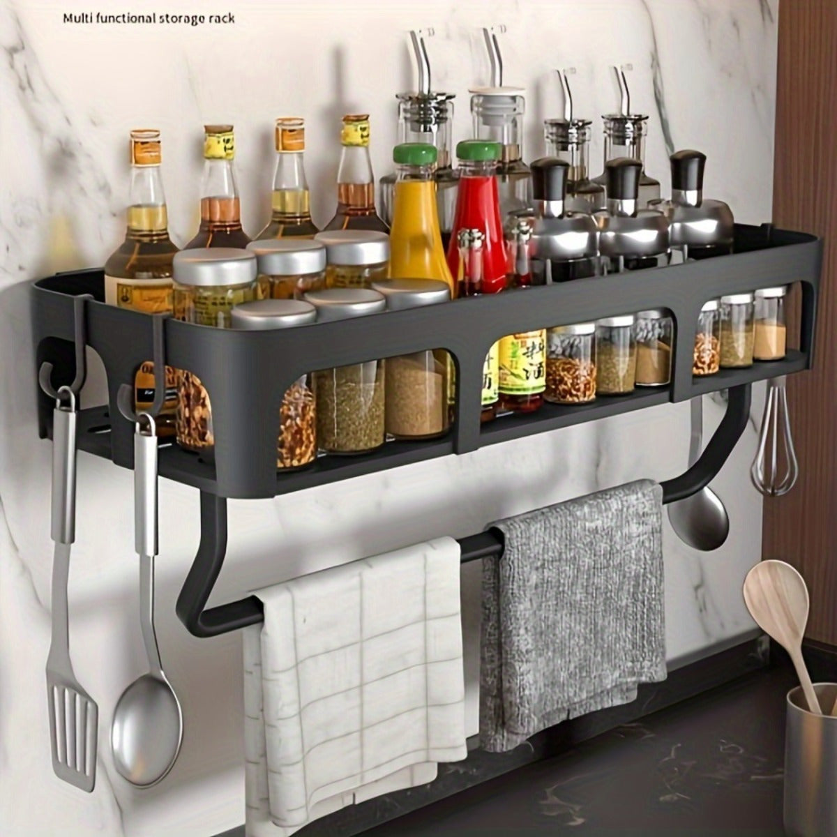 Black Kitchen Storage Rack with Hooks Wall Mount Organizer for Spices and Utensils