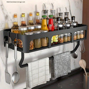 Black Kitchen Storage Rack with Hooks Wall Mount Organizer for Spices and Utensils