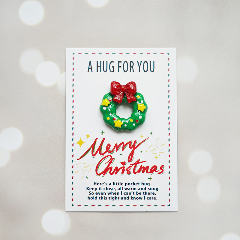 Christmas Pocket Hug Cards 5-Pack with Resin Santa Snowman Reindeer Tree Charms Holiday Greetings