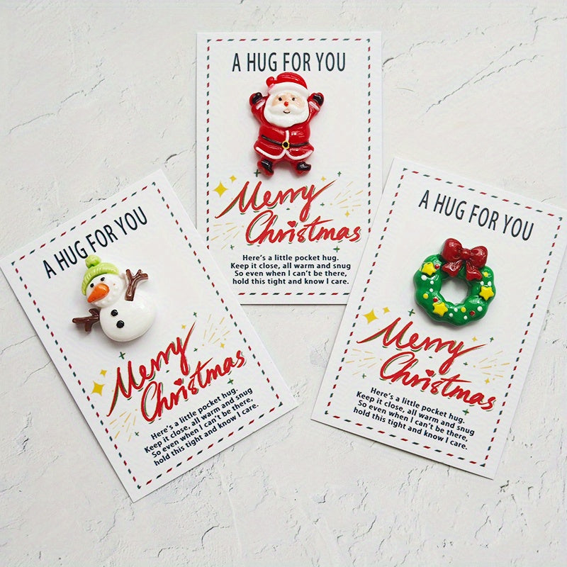 Christmas Pocket Hug Cards 5-Pack with Resin Santa Snowman Reindeer Tree Charms Holiday Greetings