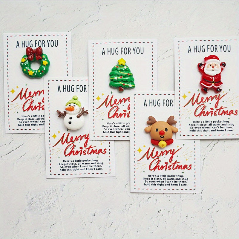 Christmas Pocket Hug Cards 5-Pack with Resin Santa Snowman Reindeer Tree Charms Holiday Greetings