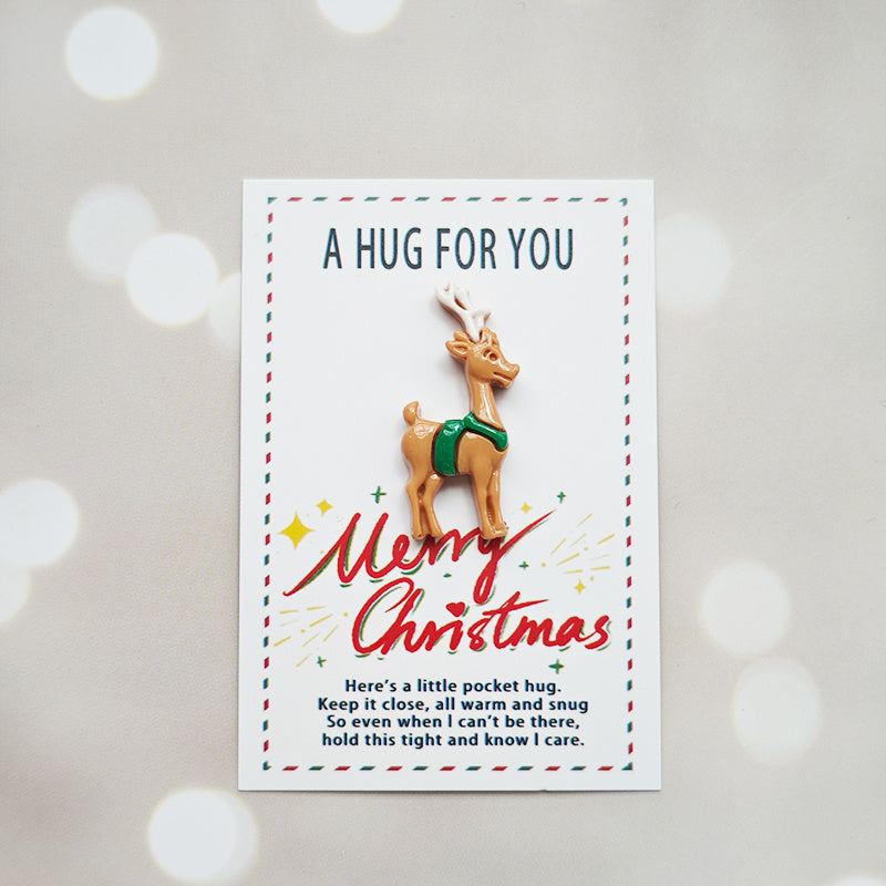 Christmas Pocket Hug Cards 5-Pack with Resin Santa Snowman Reindeer Tree Charms Holiday Greetings