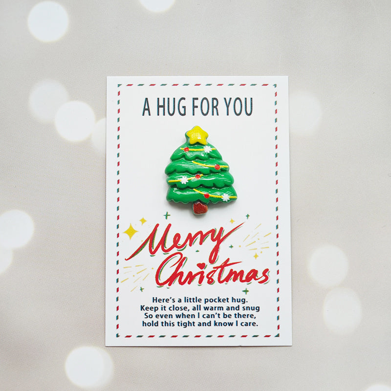 Christmas Pocket Hug Cards 5-Pack with Resin Santa Snowman Reindeer Tree Charms Holiday Greetings