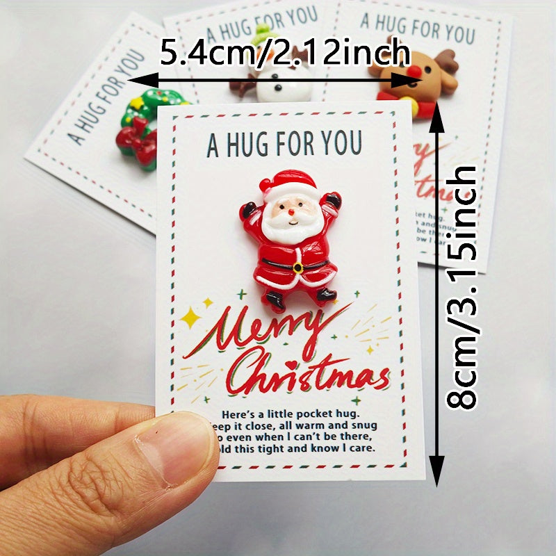 Christmas Pocket Hug Cards 5-Pack with Resin Santa Snowman Reindeer Tree Charms Holiday Greetings