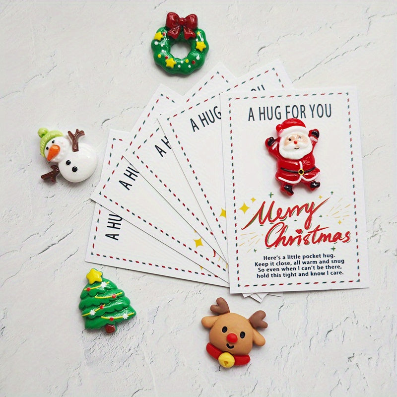 Christmas Pocket Hug Cards 5-Pack with Resin Santa Snowman Reindeer Tree Charms Holiday Greetings