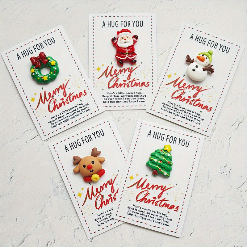 Christmas Pocket Hug Cards 5-Pack with Resin Santa Snowman Reindeer Tree Charms Holiday Greetings