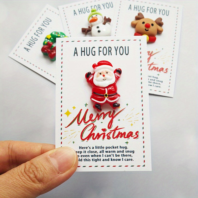 Christmas Pocket Hug Cards 5-Pack with Resin Santa Snowman Reindeer Tree Charms Holiday Greetings
