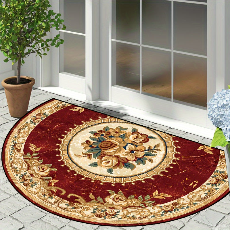 Thick Red Floral and Yellow Border Semi-Circular Indoor Carpet with Non-Slip Backing