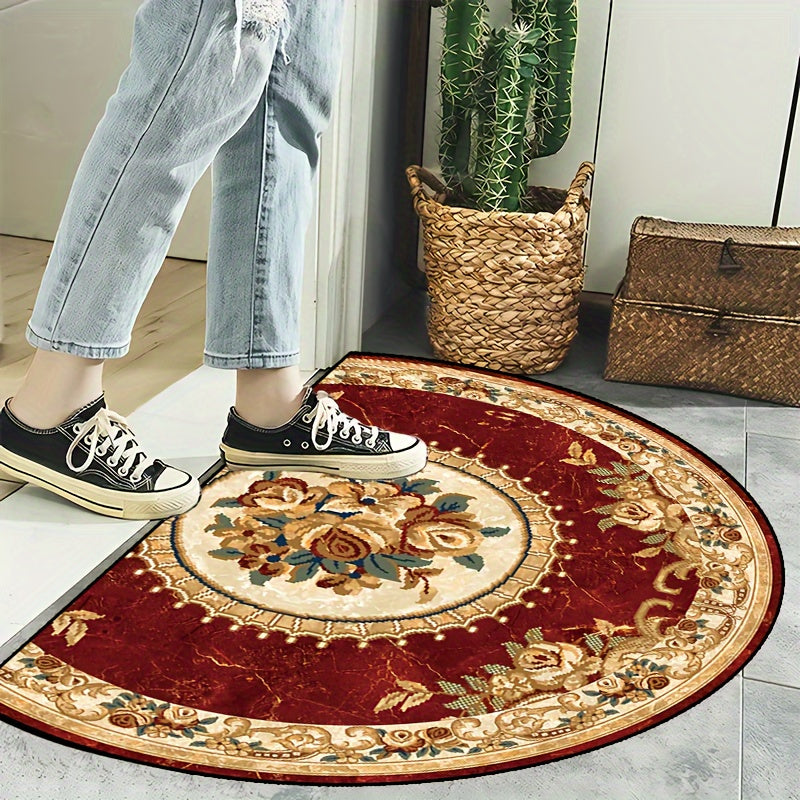 Thick Red Floral and Yellow Border Semi-Circular Indoor Carpet with Non-Slip Backing