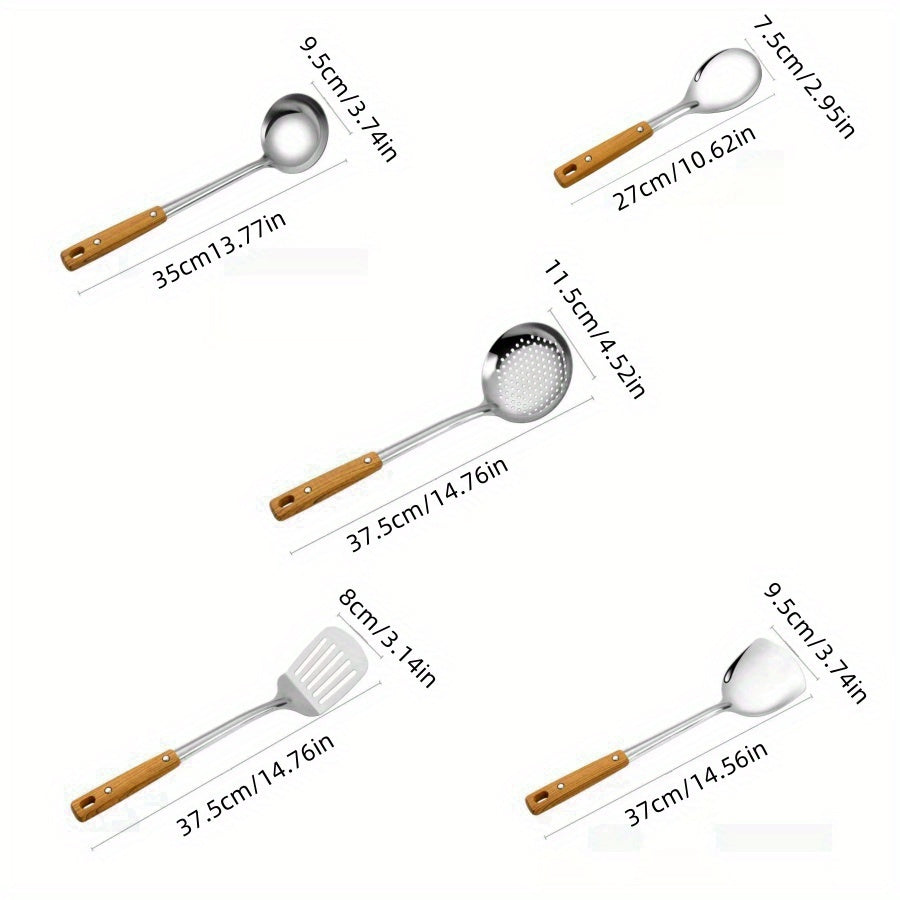 Set of 5 Kitchen Utensils Stainless Steel with Wood Grain Handles Heat Resistant Non-Slip Grip