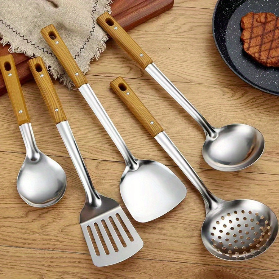 Set of 5 Kitchen Utensils Stainless Steel with Wood Grain Handles Heat Resistant Non-Slip Grip