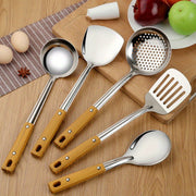 Set of 5 Kitchen Utensils Stainless Steel with Wood Grain Handles Heat Resistant Non-Slip Grip