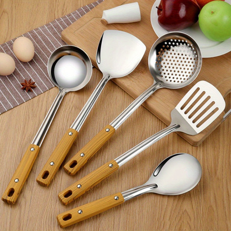 Set of 5 Kitchen Utensils Stainless Steel with Wood Grain Handles Heat Resistant Non-Slip Grip