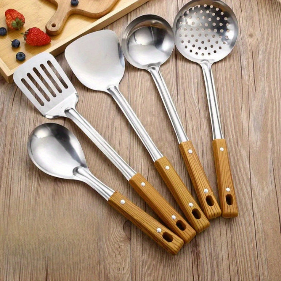 Set of 5 Kitchen Utensils Stainless Steel with Wood Grain Handles Heat Resistant Non-Slip Grip