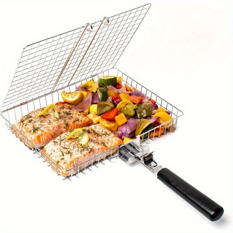 Large Folding Grill Turner with Handle Stainless Steel Basket for Fish Shrimp Vegetables Outdoor Camping